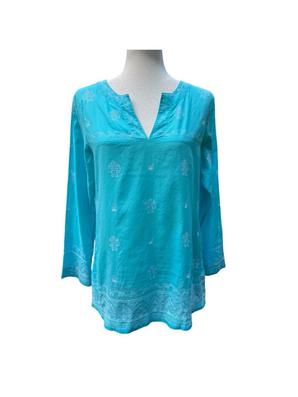 Vineyard Vines Embroidered Tunic Top Aqua Blue Cotton Boho Coastal M